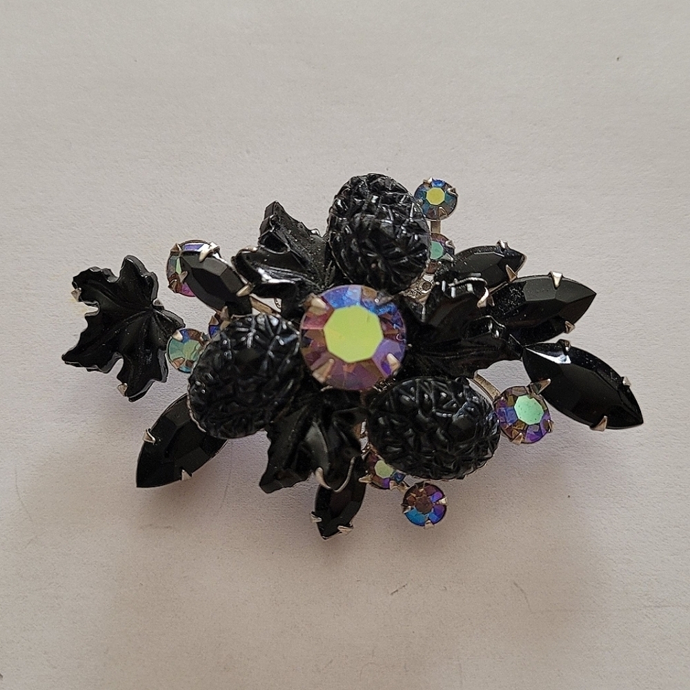Vintage MCM  Black Floral Brooch Aurora Borealis Rhinestone Silver Tone‎